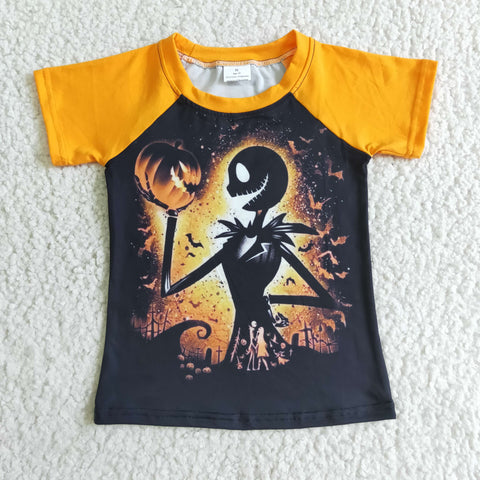 Orange Skull Pumpkin Print  Boy Short Shirt