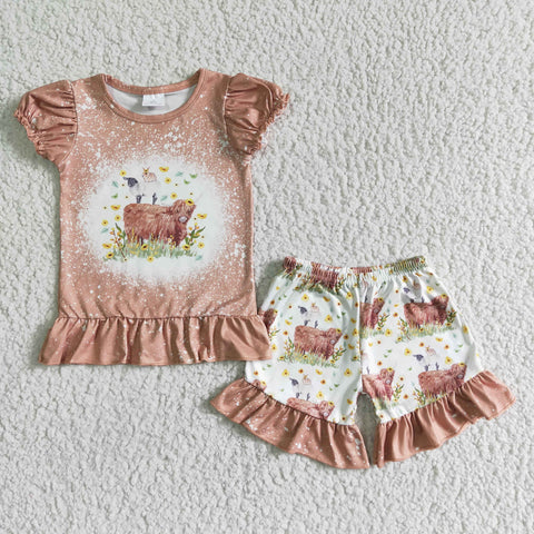 GSSO0083 Highland Cow Shirt Ruffle Shorts Baby Girl Summer Outfits-promotion 2024.5.18