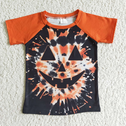 Orange Pumpkin Smile Print  Boy Short Shirt