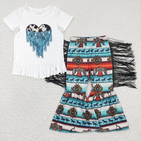 Heart shirt horse geometric girls fringe bell outfit