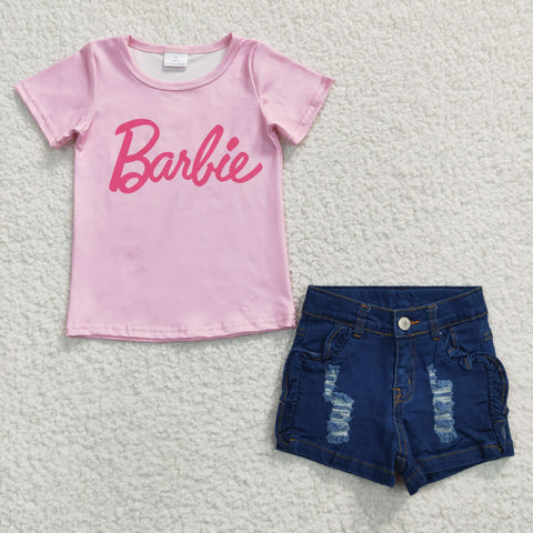 Kids barbie pink shirt denim shorts set