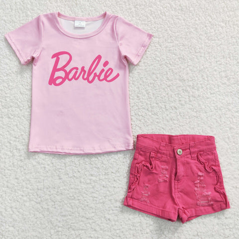 Barbie pink t shirt child girls denim outfit