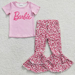 Barbie pink shirt girls leopard bell bottom set