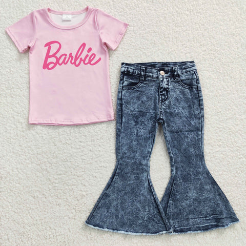 Pink barbie t shirt kids flare denim jeans outfit