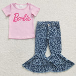 Pink barbie t shirt blue leopard bell bottoms kids set