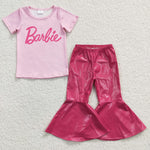 Pink barbie top kids flare leather set