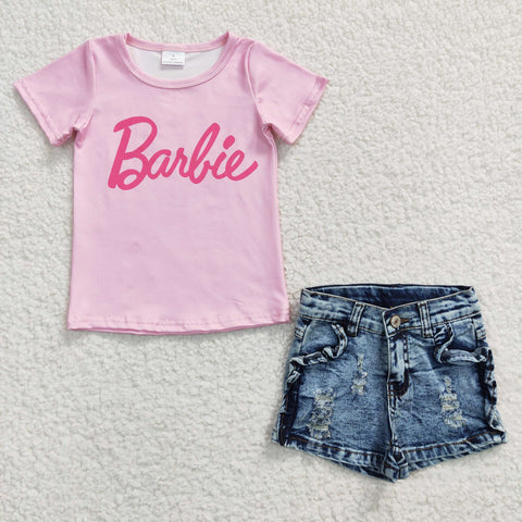 Children barbie shirt blue denim shorts set