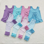 Four colors kids stripe ruffle tight pants outfits