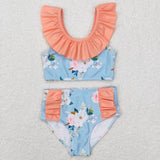 S0179--orange flower blue girls swimsuit