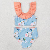 S0179--orange flower blue girls swimsuit