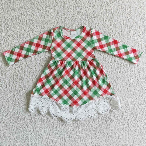 Girl Red&Green Plaid Long Sleeve Lace Dress