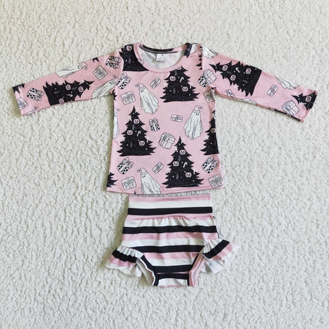 Baby Halloween Ghost Trees Pink Long Sleeve Shirt Stripe Bummies Outfit