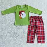 Christmas Boy Green Santa Embroidery Long Sleeve Red Plaid Long Pants Outfit