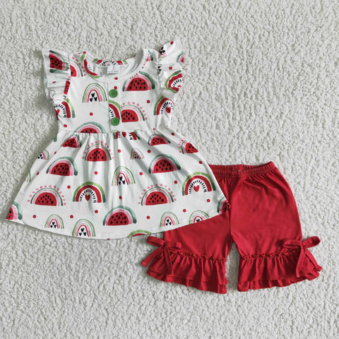 Watermelon Shirt Ruffle Shorts Girls Summer Clothing Outfit
