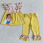 Cute Princess Print Flutter Sleeve Shirt Yellow Ruffle Pants Girl Outfit