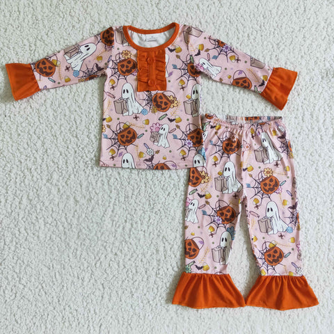 Girl Orange Pumpkin Cute Ghost Print Girls Long Sleeve Pajamas Outfit