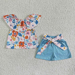 Girls One-shoulder Floral Bow Shorts Outfit