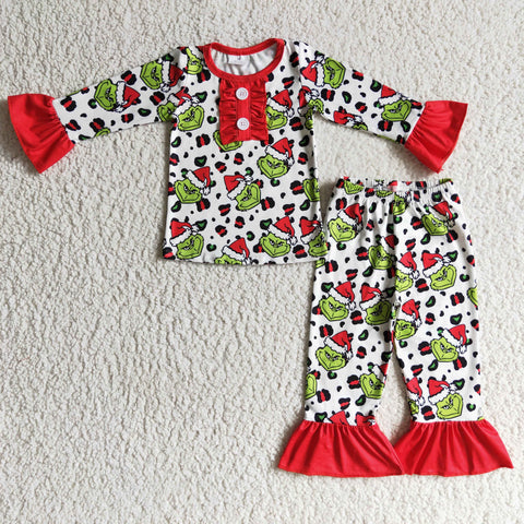 GLP0214 Girl Christmas Hat Green Monster Print Long Sleeve Ruffle Long Pants Girls Pajamas-promotion 2024.10.19