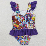 Lisa Frank Girls Cartoon Purple Swimsuits (with chest pad for 10-12T & 14-16T)