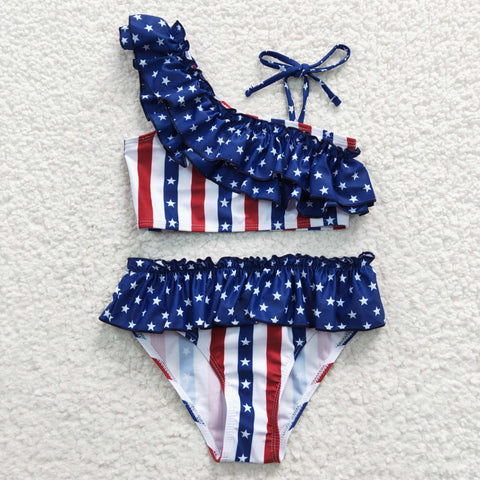 Kids ruffle summer stars stripes swimwear (with chest pad for 10-12T & 14-16T)