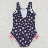 Stars print navy summer girls swimsuit (with chest pad for 10-12T & 14-16T)