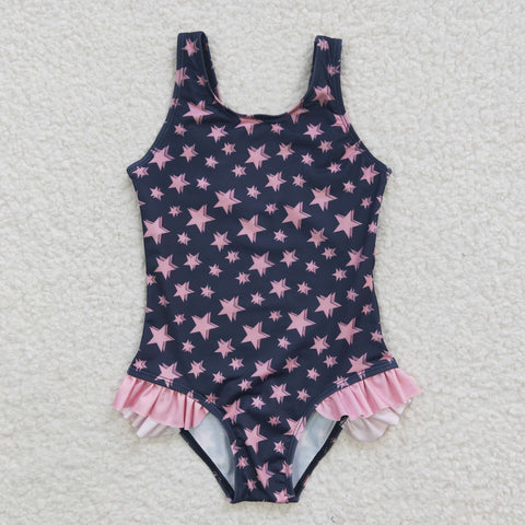 Stars print navy summer girls swimsuit (with chest pad for 10-12T & 14-16T)