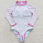 Dinosaur long sleeve girl pink swimwear (with chest pad for 10-12T & 14-16T)
