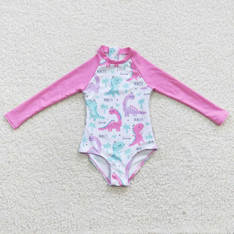 Dinosaur long sleeve girl pink swimwear (with chest pad for 10-12T & 14-16T)