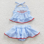 Baby toddler crab embroidery seersucker blue set