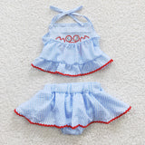 Baby toddler crab embroidery seersucker blue set