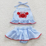 Baby toddler crab embroidery seersucker blue set