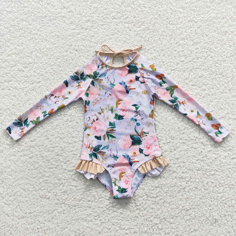 Girls summer flowers long sleeve swimsuit (with chest pad for 10-12T & 14-16T)
