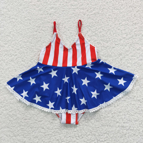 Stars & stripes kids girls 4th of july swimwear (with chest pad for 10-12T & 14-16T)
