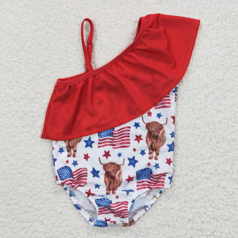 Girls red cow stars swimwear 4th of july