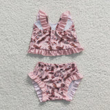 Western pattern kids girl pink summer swimwear