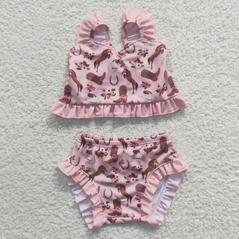 Western pattern kids girl pink summer swimwear