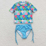 Kids girl argyle pattern swimsuit (with chest pad for 10-12T & 14-16T)