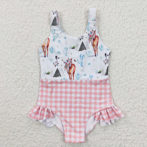 Girls horse pink plaid summer swimsuit (with chest pad for 10-12T & 14-16T)