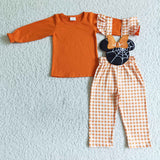 Fall Girl Overall Set Orange Long Sleeve Shirt Mouse Print Plaid Pants Outfit