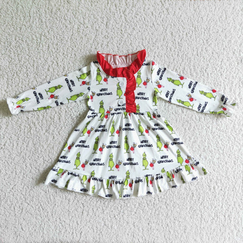 Fall Baby Girls Green Monster Print White Long Sleeve Dress
