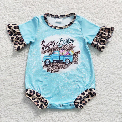 Happy easter tractor baby blue romper