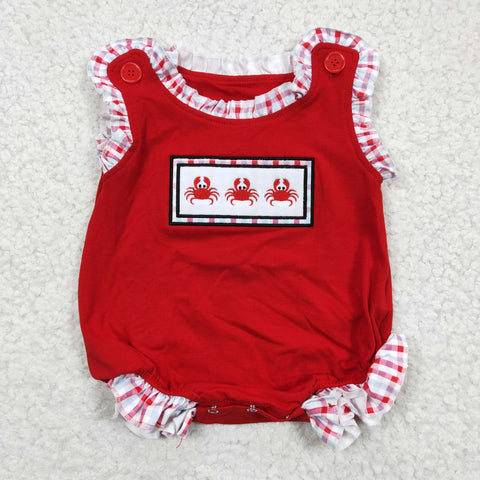 Crab embroidered red sleeveless baby romper