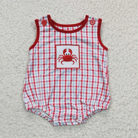 Embroidered crab plaid little boys romper