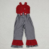 Cow embroidery girls plaid red overall jumpsuit