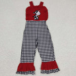 Cow embroidery girls plaid red overall jumpsuit