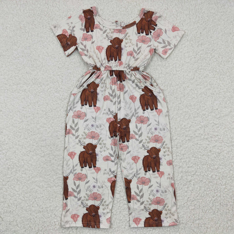 Highland cow floral girls onesie jumpsuit