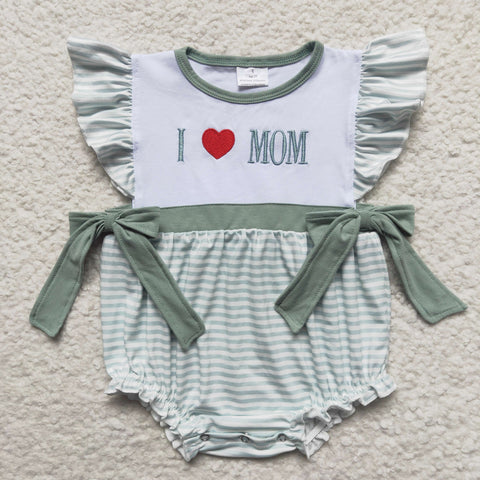 I love mom embroidery toddler girls green romper