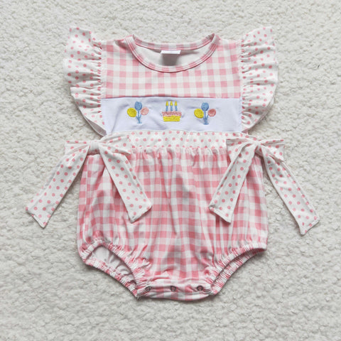Birthday embroidery baby pink plaid romper