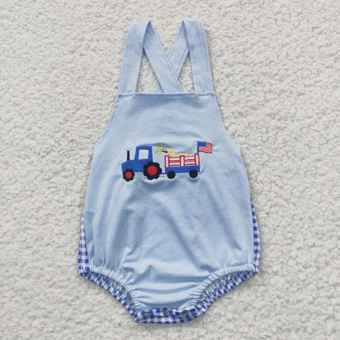 Tractor Embroidery Baby Boys Blue Romper