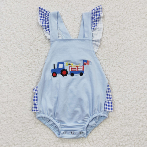 Car Embroidery Baby Girls Blue Ruffle Romper
